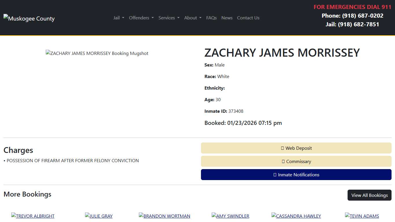 ZACHARY MORRISSEY Booked at the Muskogee County Jail