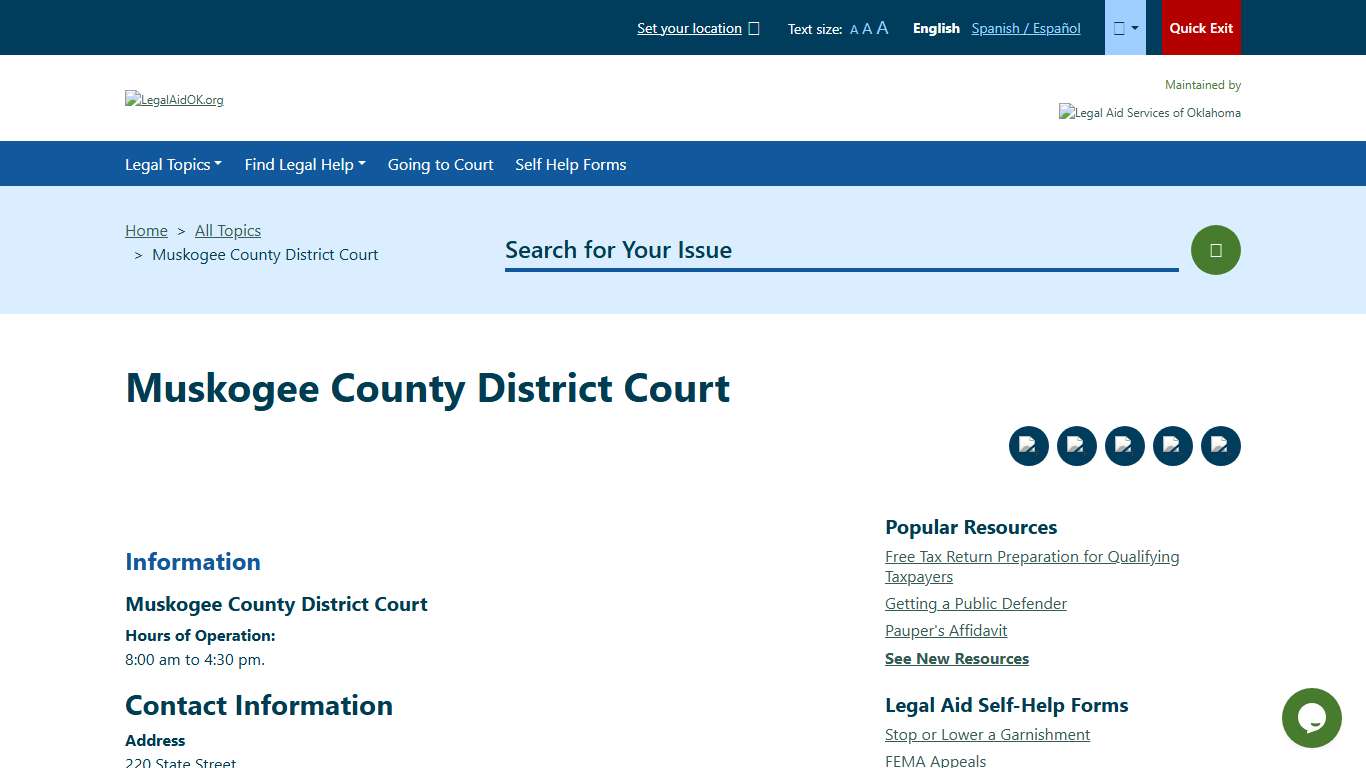 Muskogee County District Court Welcome to Legal Aid Services of Oklahoma's guide to free legal help in Oklahoma.